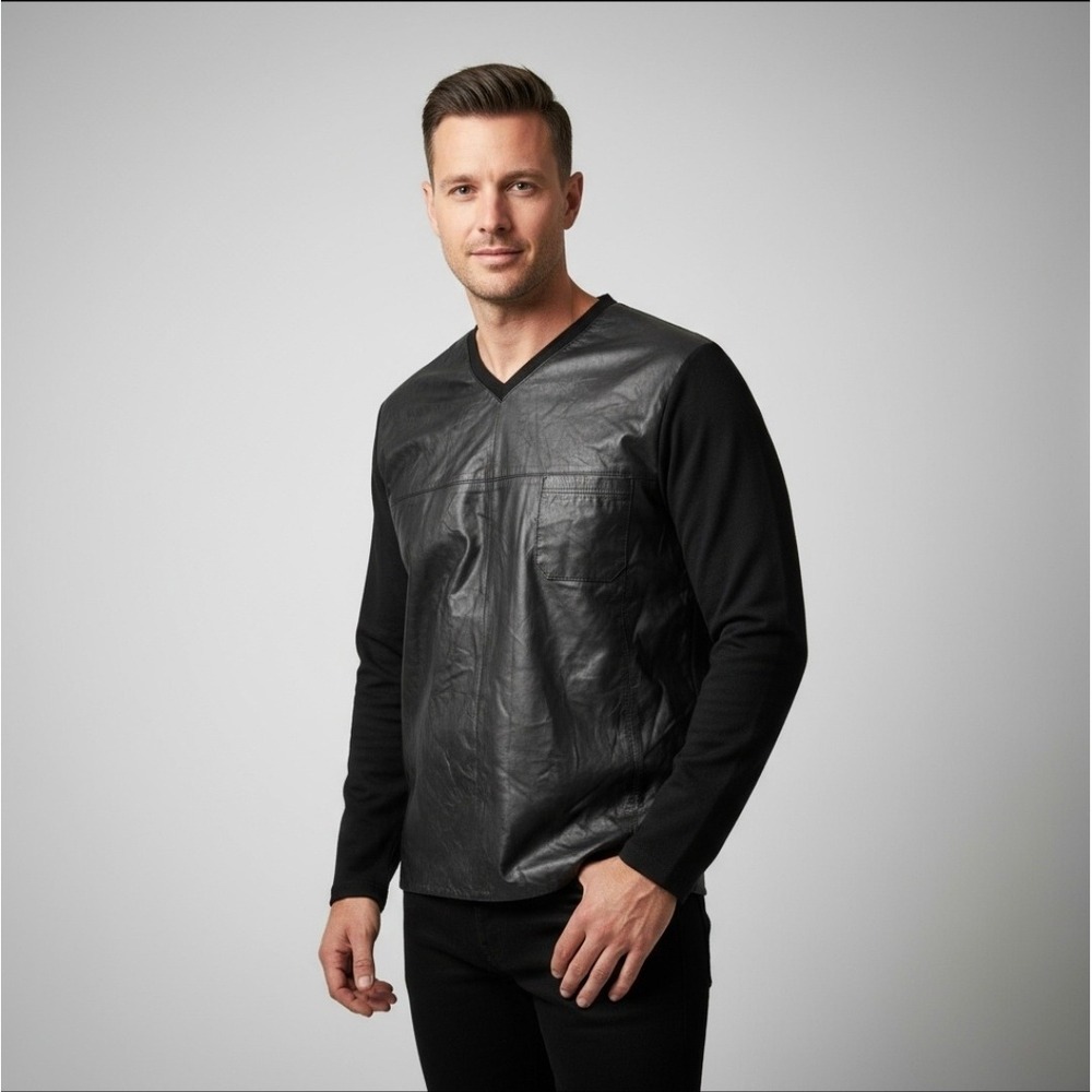 LANVIN Paris Leather-Front - Virgin Wool Sweater Back - V-Neck - XL